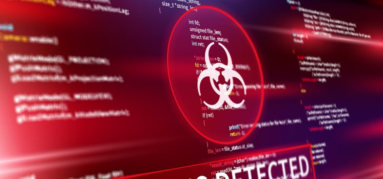 Pictorial representation of operation blinder tunnel. Screen displaying code with a prominent alert symbol and the words 'VIRUS DETECTED' highlighted in red.